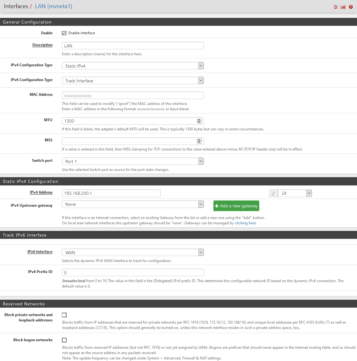 pfsense dualstack IPv6 interface LAN